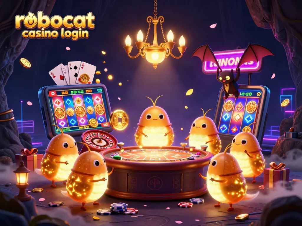 Experience the thrill of robocat casino login with a vibrant 3D scene of glowworms illuminating a lively casino atmosphere.