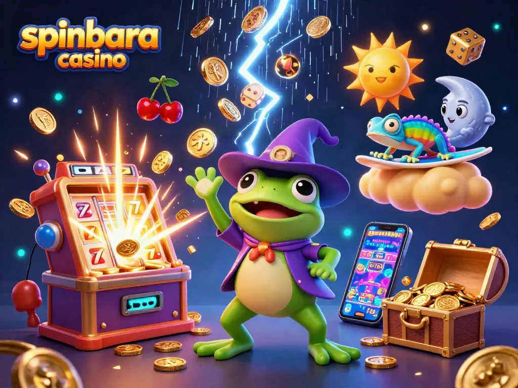 Experience the thrill of spinbara casino with golden coins, exciting games, and dynamic characters.