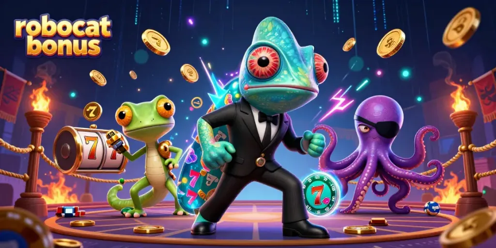 Claim the robocat bonus with thrilling action in a vibrant cartoon casino adventure.