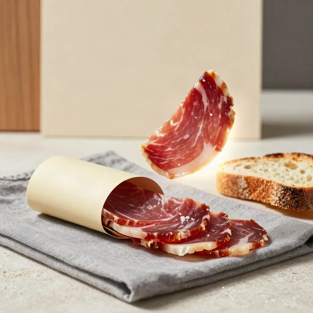 Paquete de jamón ibérico con lonchas sueltas, sal en escamas y pan tostado sobre lino claro.