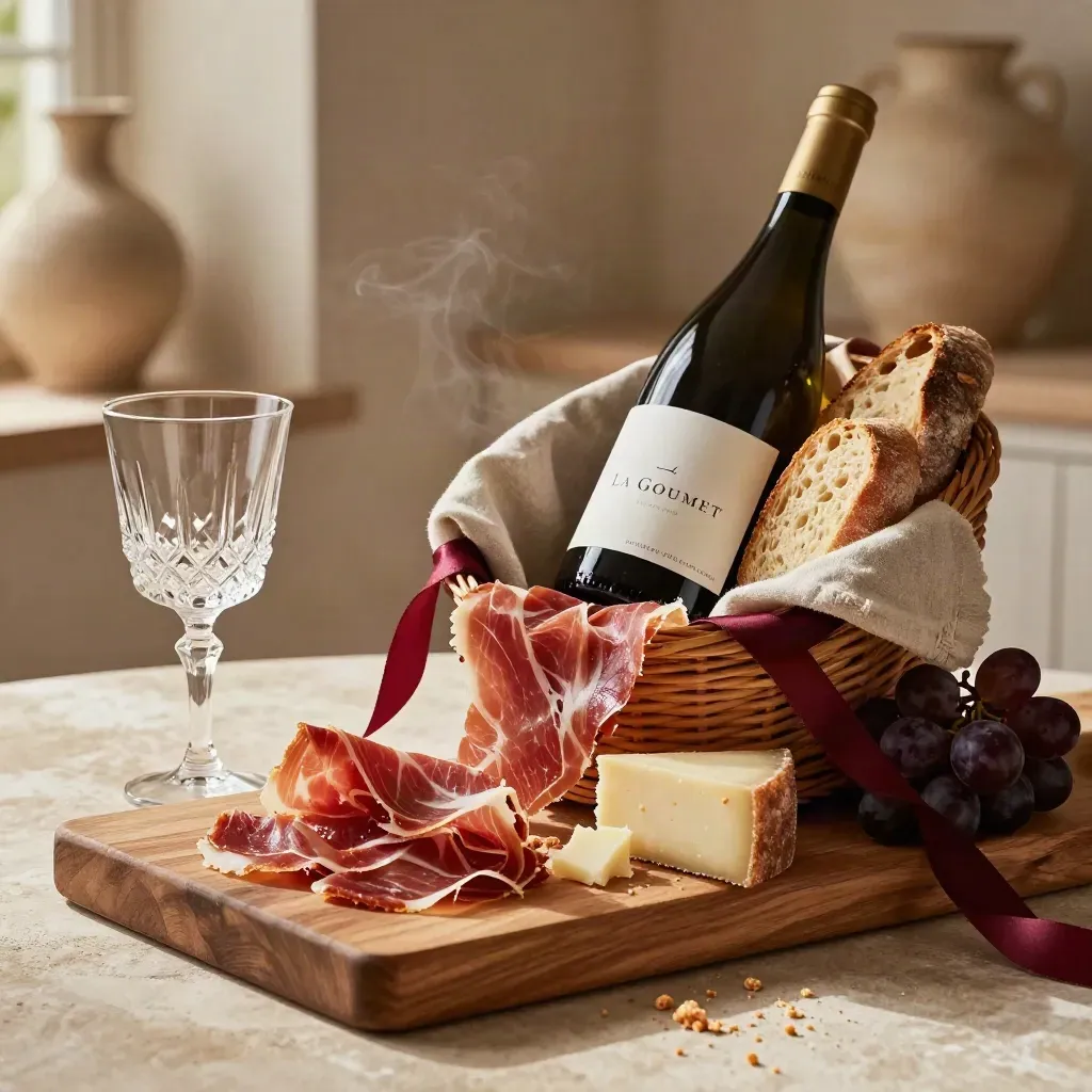 Cesta ibérica con jamón, queso, vino y pan sobre tabla de roble, con luz suave.