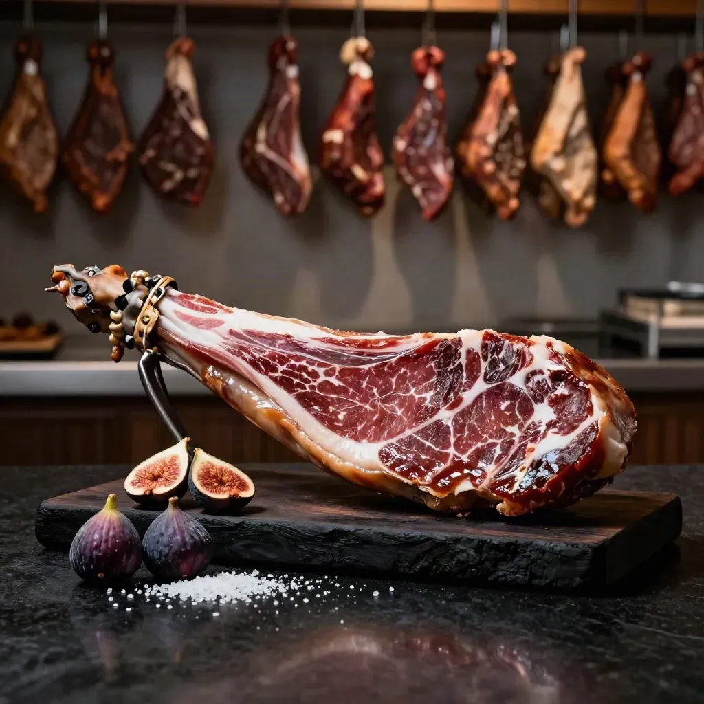 Lomo ibérico entero con higos secos y sal fina sobre tabla oscura, en luz dramática.