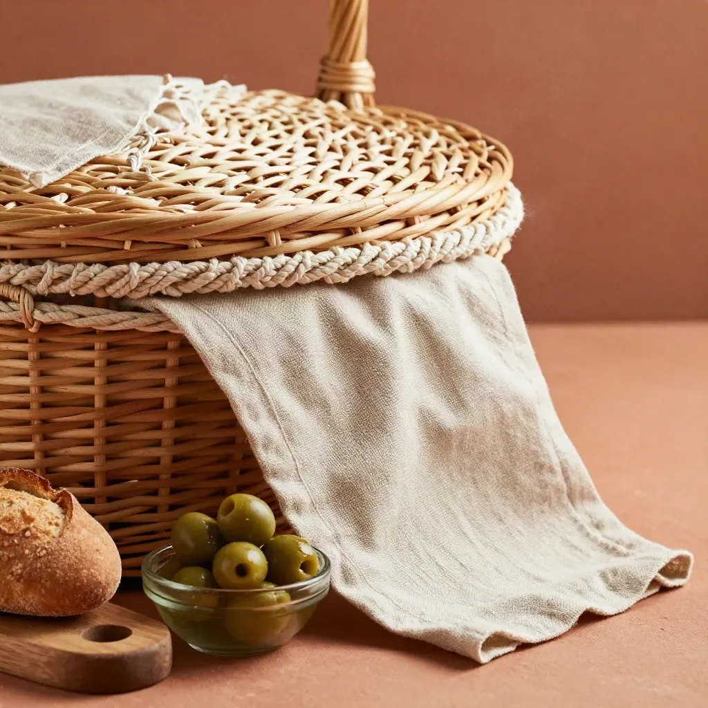 Cesta de mimbre para aperitivo con aceitunas, panecillos, lino y tabla de madera.