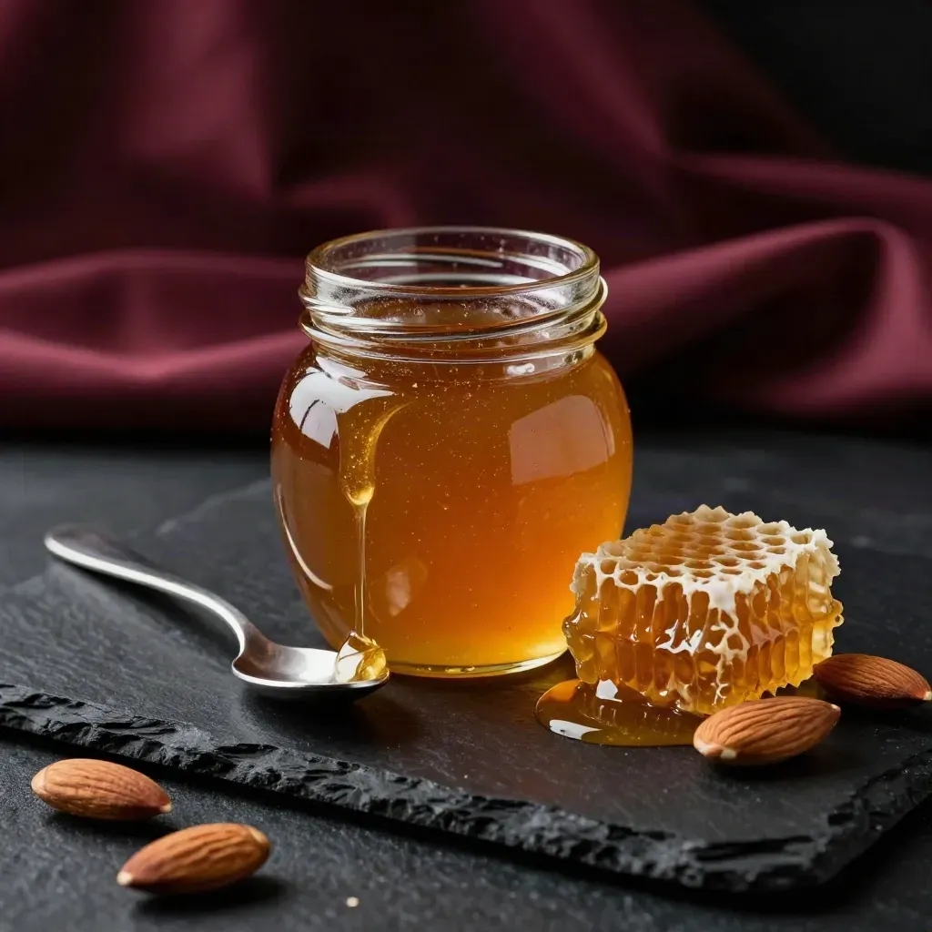 Tarro de miel de azahar con hilo de miel, panal y almendras sobre fondo oscuro.