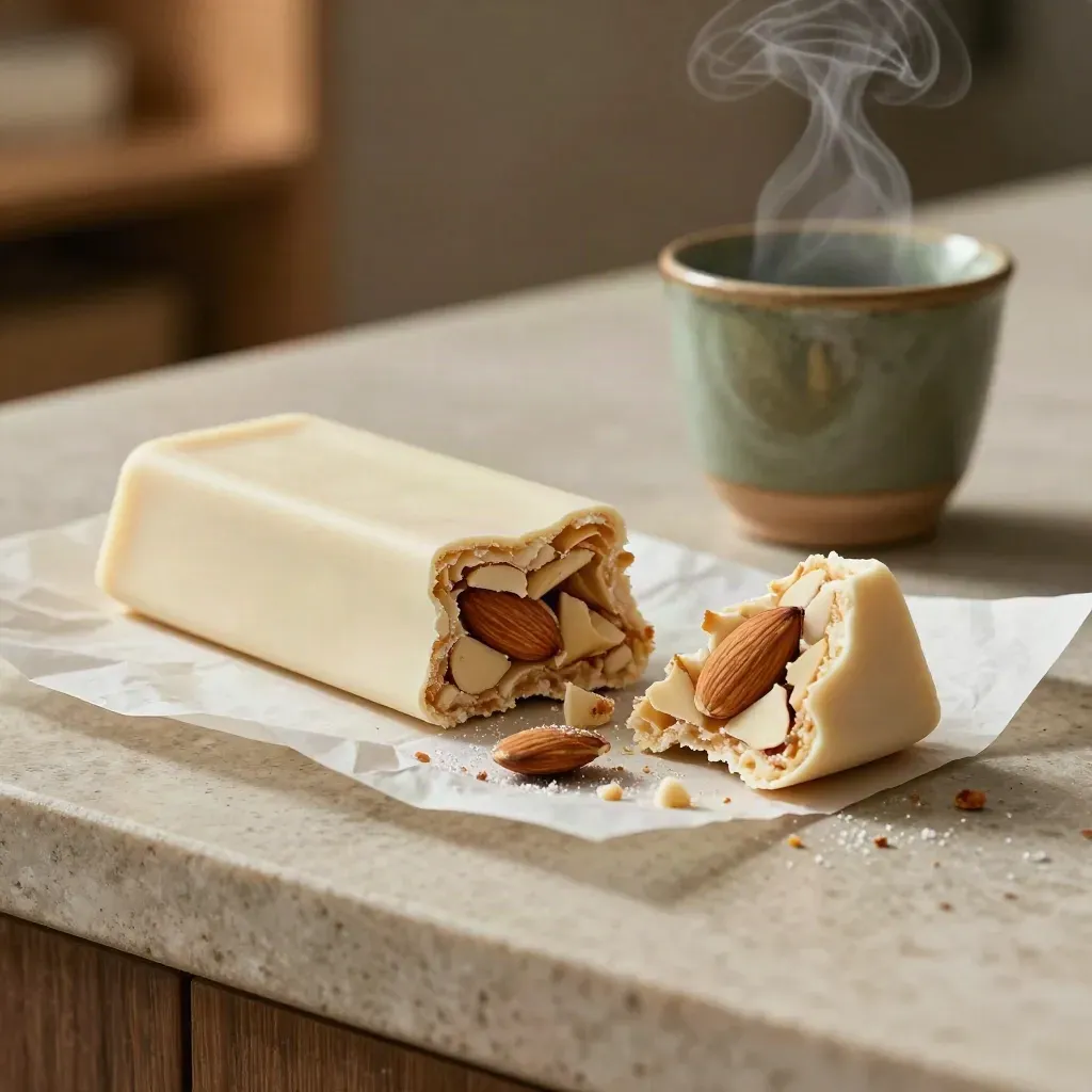 Turrón de almendra roto sobre pergamino con almendras tostadas y una taza pequeña verde oliva.