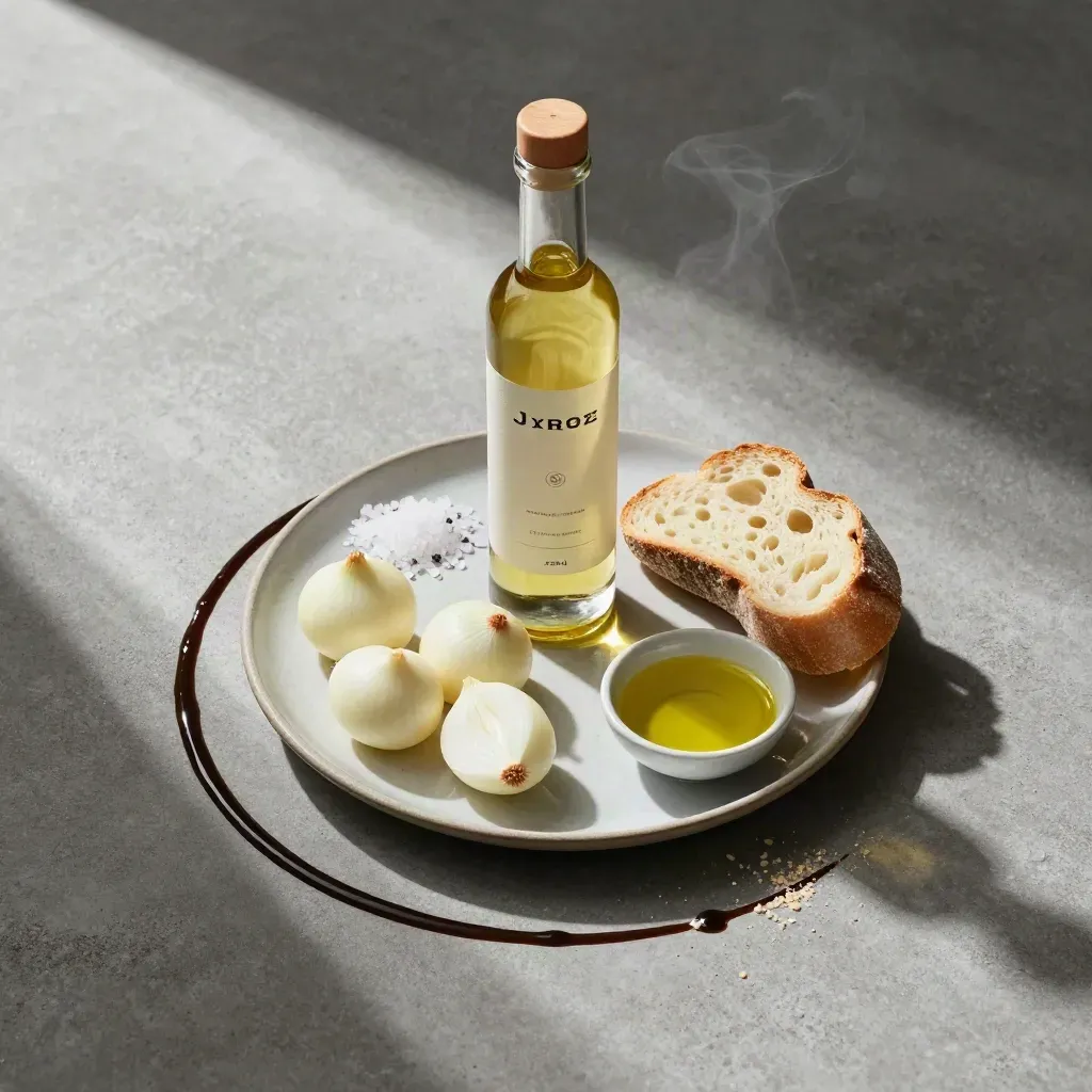 Flatlay cenital de vinagre de Jerez con chalotas, sal, pan y aceite sobre piedra clara.