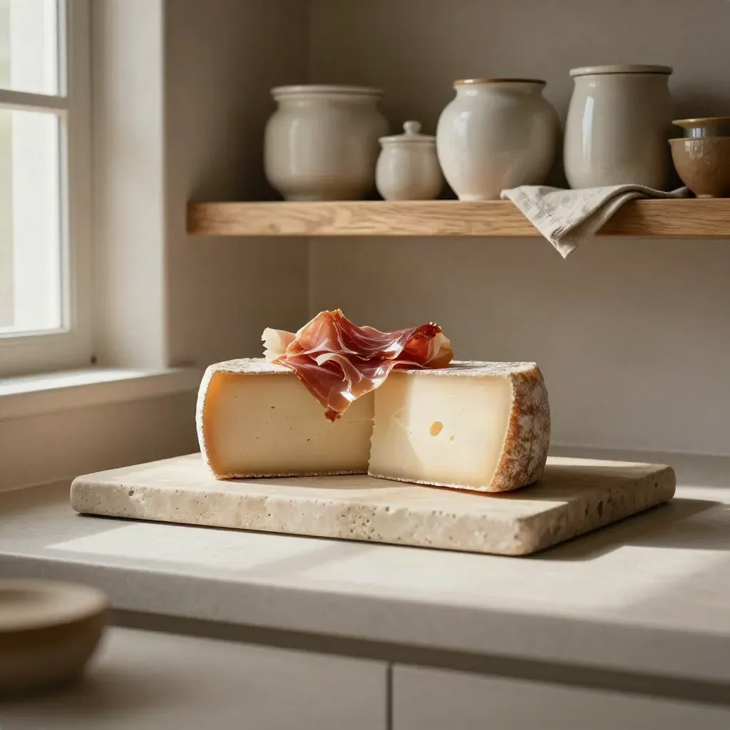 Despensa cálida con tabla de quesos, jamón ibérico desenfocado y cerámica neutra.