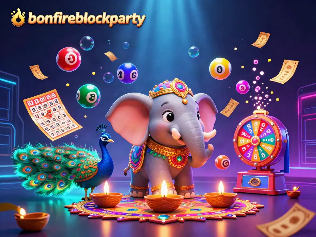 Spin exciting games at bonfireblockparty with vibrant elements like lottery balls and a golden bingo card.