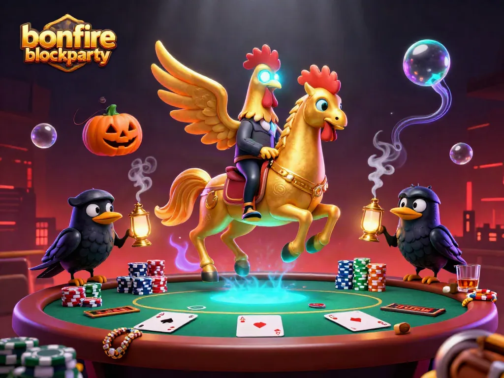 Engage in the vibrant atmosphere of bonfireblockparty with golden rooster characters in a casino setting.